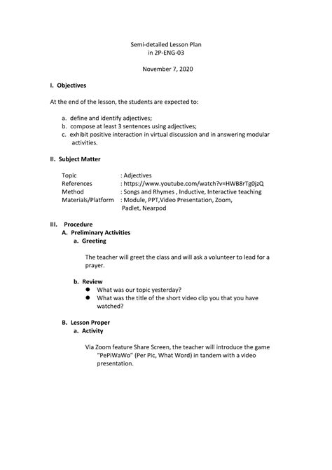 Semi Detailed Lesson Plan In English Grade 4 Adjectives Printable Online