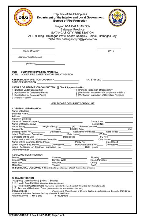 Fsed Checklist Health Care Occupancy Rev Department Of