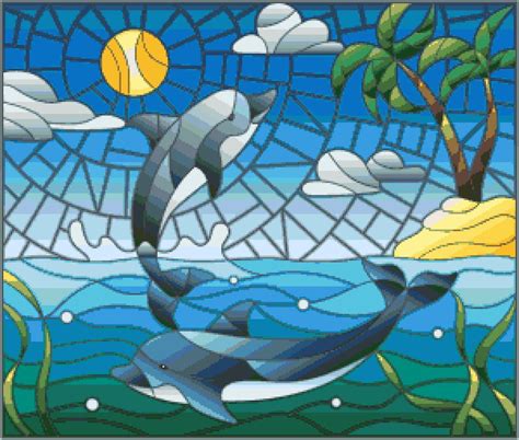 Dolphins Playing Nature Stain Glass Window Inspired Etsy Stained Glass Window Hanging Art