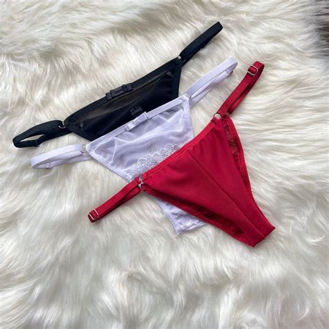 Kit 3 Calcinha Fio Dental Duplo Tule Lingerie Com Detalhe Em Renda E Regulagem Lateral Shopee