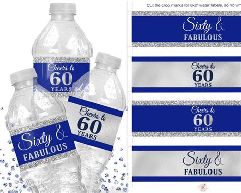 Blue Silver 60th Birthday Water Bottle Labels 60th Favors Etsy