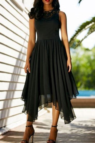 Asymmetric Hem Lace Panel Sleeveless Black Dress