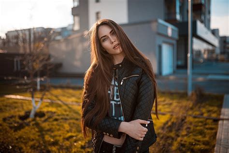 Wallpaper Portrait Leather Jackets Women Outdoors Depth Of Field