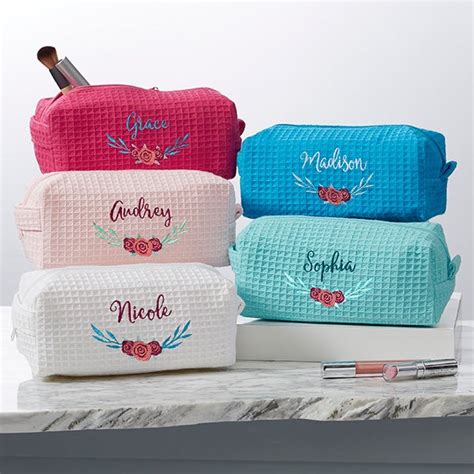 Floral Personalized Aqua Waffle Weave Makeup Bag