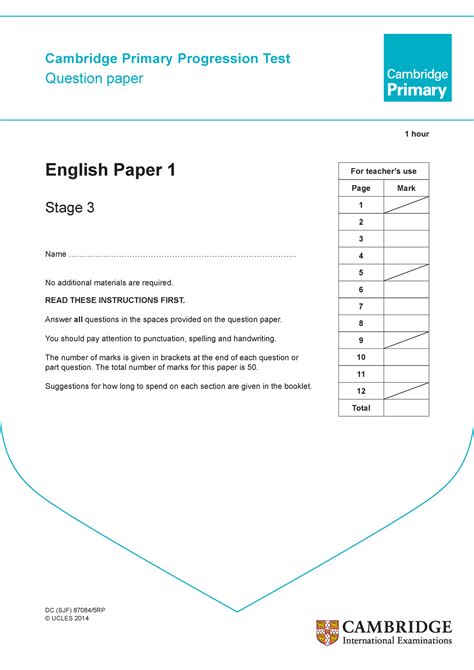 Cambridge Primary Progression Test Stage 3 English 2014 Paper 1