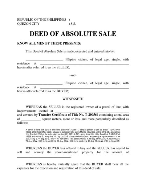 Deed Of Absolute Sale Open Pro Forma Private Law Civil Law Common Law