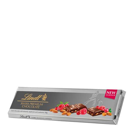 Lindt SILVER TABLET DARK CHOCOLATE WITH ALMONDS RASPBERRIES AND