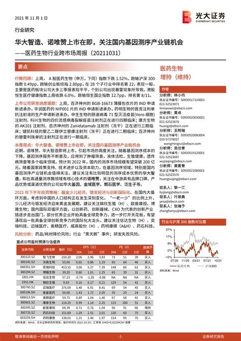 医药生物行业跨市场周报：华大智造、诺唯赞上市在即，关注国内基因测序产业链机会 洞见研报 行业报告