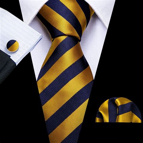 Navy Blue Gold Stripe Silk Tie Pocket Square Cufflink Set Neck Tie Cufflink Set Ties Mens