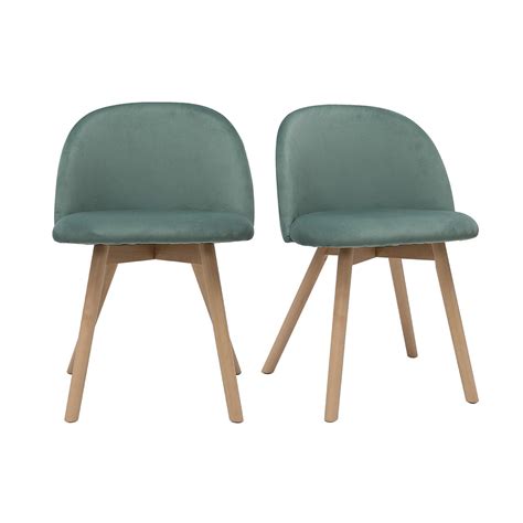 Chaises scandinaves en tissu velours vert céladon et bois clair massif