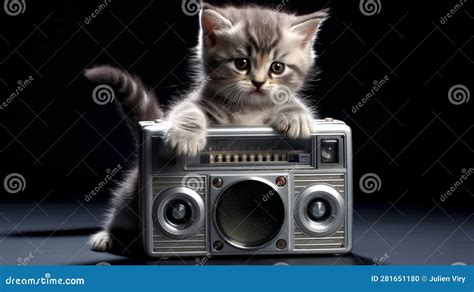 Cute Cat Kitten Listening To Music And Dancing With A Music Player