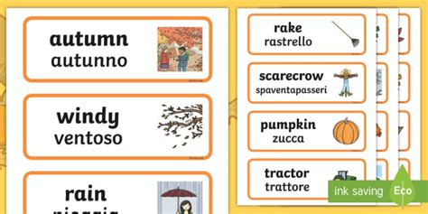 Autumn Word Cards Englishitalian Autumn Topic Word Cards