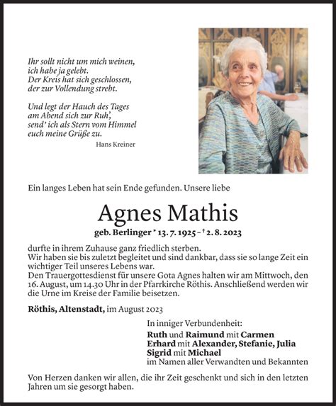 Todesanzeigen Von Agnes Mathis Todesanzeigen Vorarlberger Nachrichten