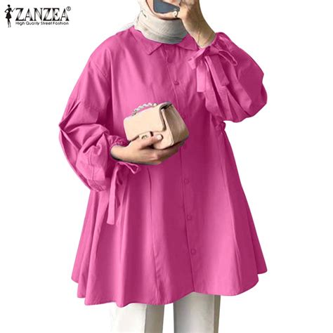 ZANZEA Women Muslim Lantern Sleeve Long Sleeves Round Neck Tied Cuffs