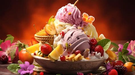 Premium Photo Flavored Ice Cream With Exotic Fruit Toppings