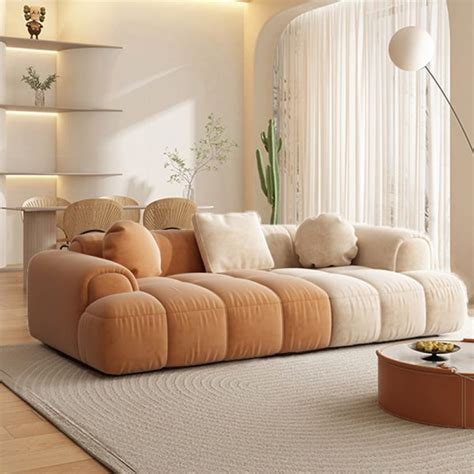 Contemporary Sewn Pillow Back Recessed Arm Sofa Couch In Orange White