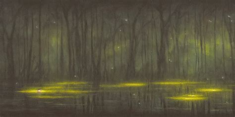 Painting Of Fireflies In A Murky Swamp Muted Colors Stable