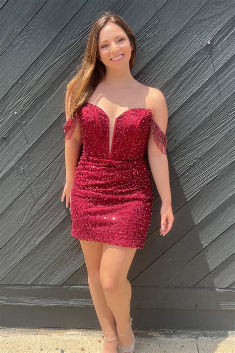 Red Sequins Plunging Off The Shoulder Sheath Homecoming Dress With Tas