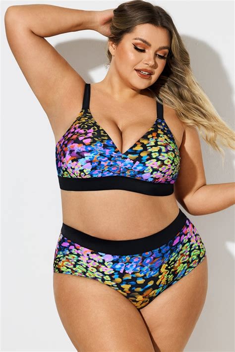 Plus Size V Neck Neon Leopard Print Bikini Top Meet Curve Meet Curve
