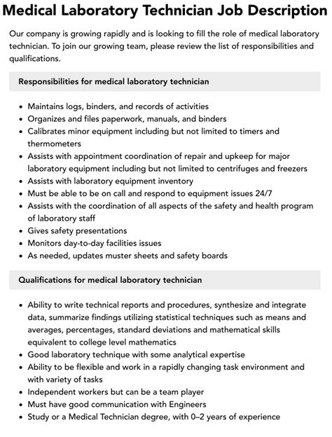 What are the roles and responsibilities of medical laboratory technician