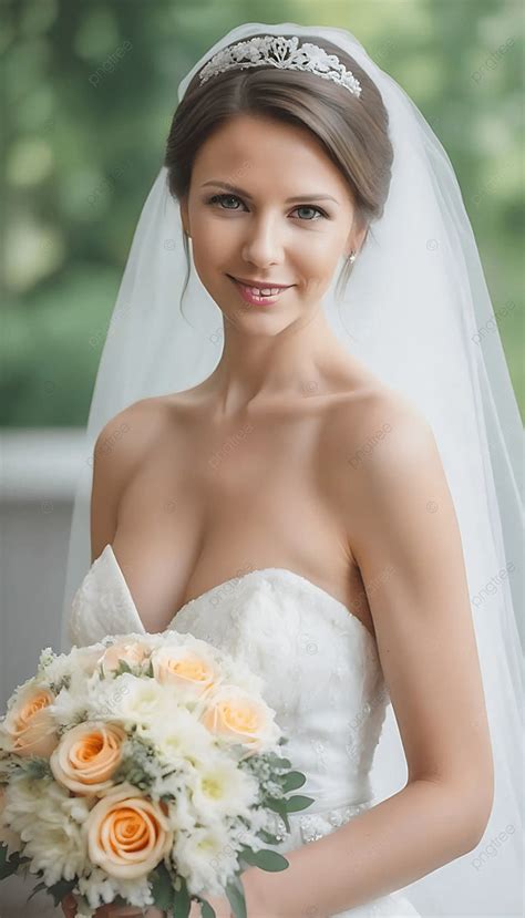 Woman Wearing Wedding Gown Holding Bouquet Of Flowers Background