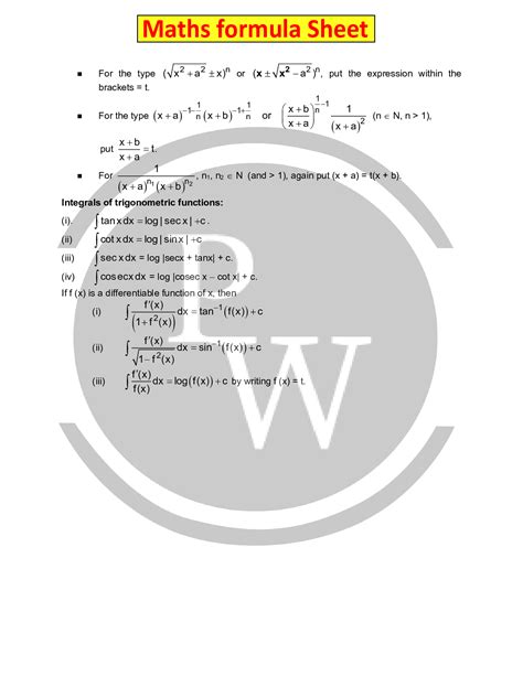 Class 12 Maths Formula For Chapter 7 Indefinite Integral Entrancei Math Formulas Class 12