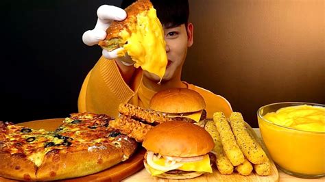 Asmr 🧀치즈피자 🍔치즈버거 치킨텐더 롱~치즈스틱치즈특집먹방~cheese Pizza Cheese Burger Chicken