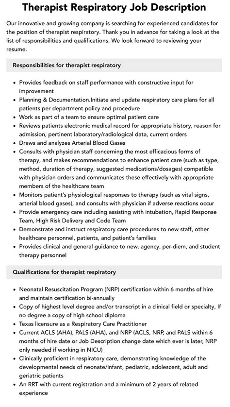 Therapist Respiratory Job Description | Velvet Jobs