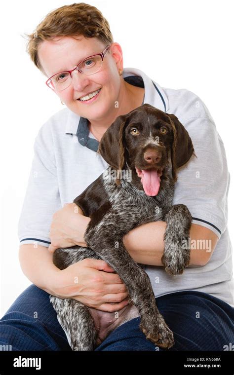 Happy Woman And German Wirehaired Pointer Puppy Weeks Old White