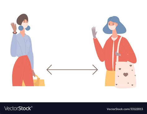 Women Wearing Masks And Maintain Social Distance Vector Image