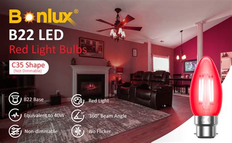 Bonlux Fireglow Bulbs C35 4W Red Light Bulbs 40W Equivalent B22 Red