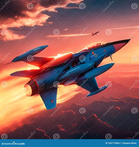 A Fighter Jet Flying Through A Cloudy Sky Stock Illustration