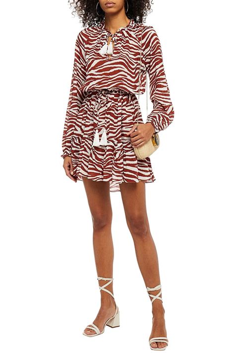 VERONICA BEARD Danica Tasseled Gathered Tiger Print Woven Mini Dress