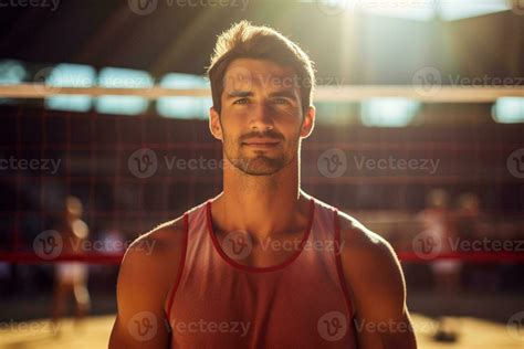 Male volleyball players are competing on the indoor volleyball court ...