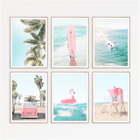 Surf Print Set Of 6 Beach Print Coastal Decor Pink Wall Etsy