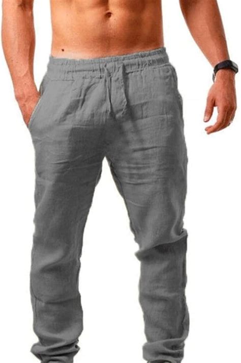 Homme Pantalon Lin Ete Pantalon Decontracte Avec Poches Cordon Pantalon