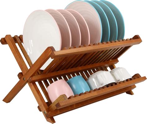 Utoplike Teak Dish Drainer Rack Collapsible 2 Tier Dish Rack Dish Drying Rack