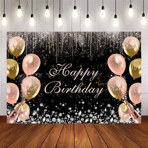 Mocsicka Pink Gold Balloons And Diamonds Happy Birthday Backdrop