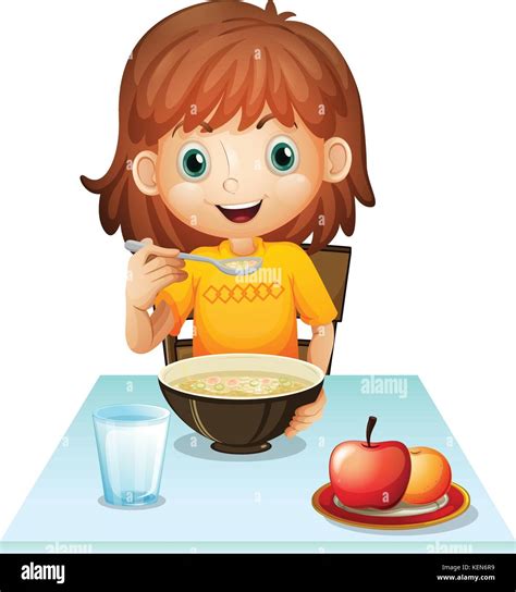 Illustration d une petite fille de manger son petit déjeuner sur un