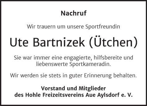 Traueranzeigen Von Ute Bartnizek Abschied Nehmen De