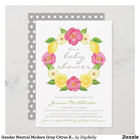 Gender Neutral Modern Gray Citrus Rose Baby Shower Invitation Zazzle