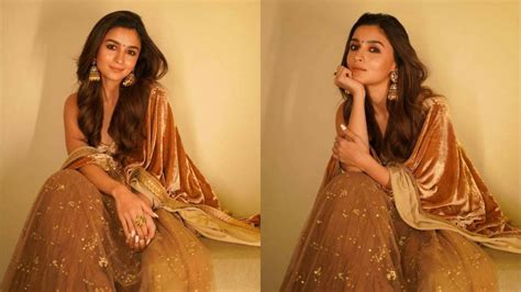 Alia Bhatt Stuns In Golden Nude Sabyasachi Lehenga See Viral Pics