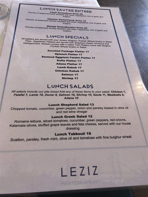 Menu Of Leziz Mediterranean Restaurant In Boca Raton Fl 33434