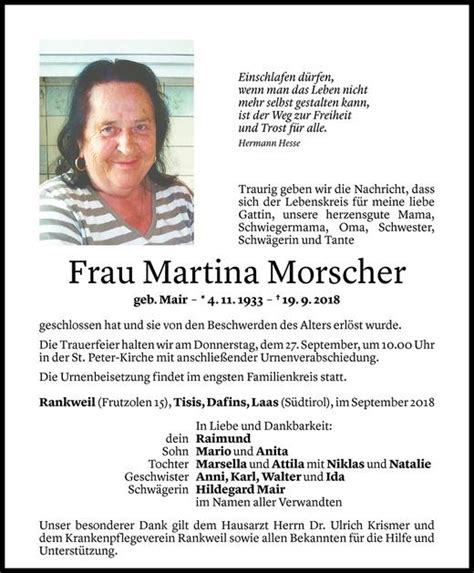 Todesanzeigen Von Martina Morscher Todesanzeigen Vorarlberger Nachrichten