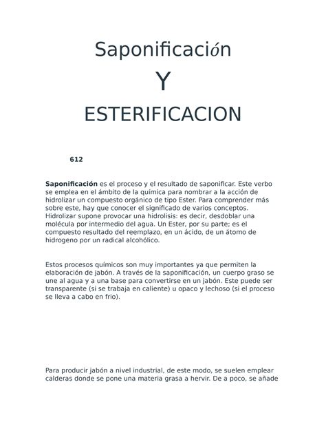 Resumen De Esterificación Y Saponificación Saponificación Y