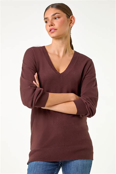 Chocolate Plain V Neck Stretch Jumper Roman Uk