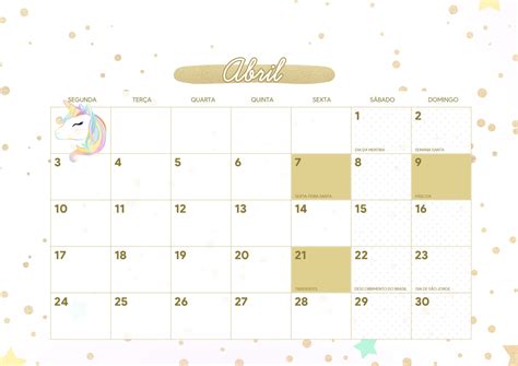 Calendario Mensal Unicornio Abril Fazendo A Nossa Festa