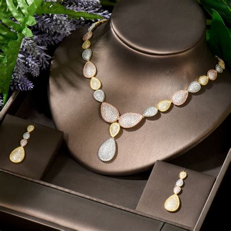 Hibride Water Drop Shape Pcs Necklace Earring Set Tones Cubiz