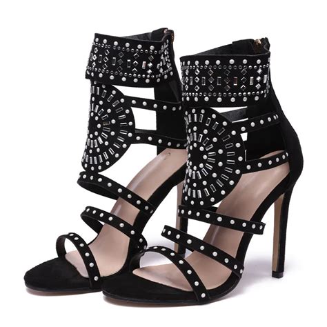 Ethnic Open Toe Rhinestone Design High Heel Sandals Crystal Ankle Wrap Diamond Gladiator Women