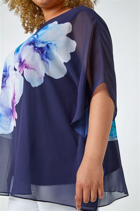 Navy Curve Floral Chiffon Overlay Top Roman Uk